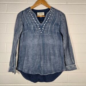 Vtg Ryan Michael Indigo Cotton Embroidered Tunic Top Oversize Small Boho Hippie